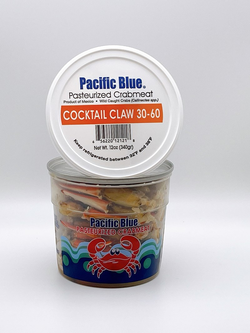 Pacific Blue pasteurized crabmeat, Cocktail Claw 30-60 grade, retail cup