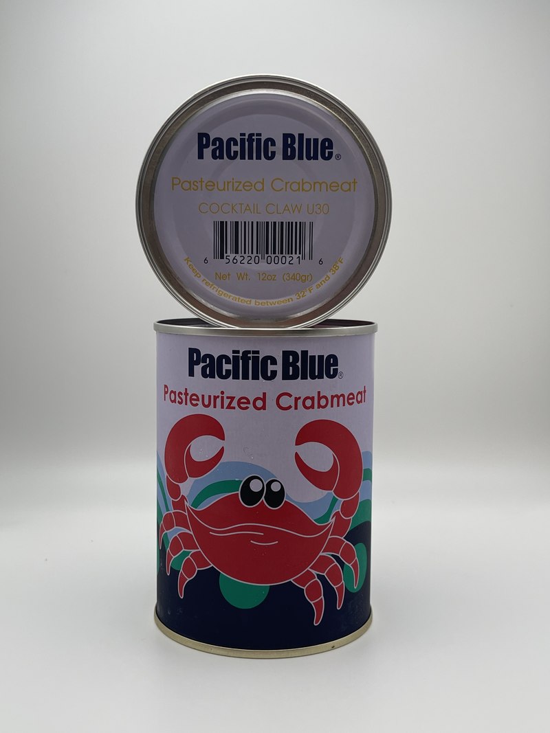 Pacific Blue pasteurized crabmeat, Cocktail Claw U-30 grade, retail can